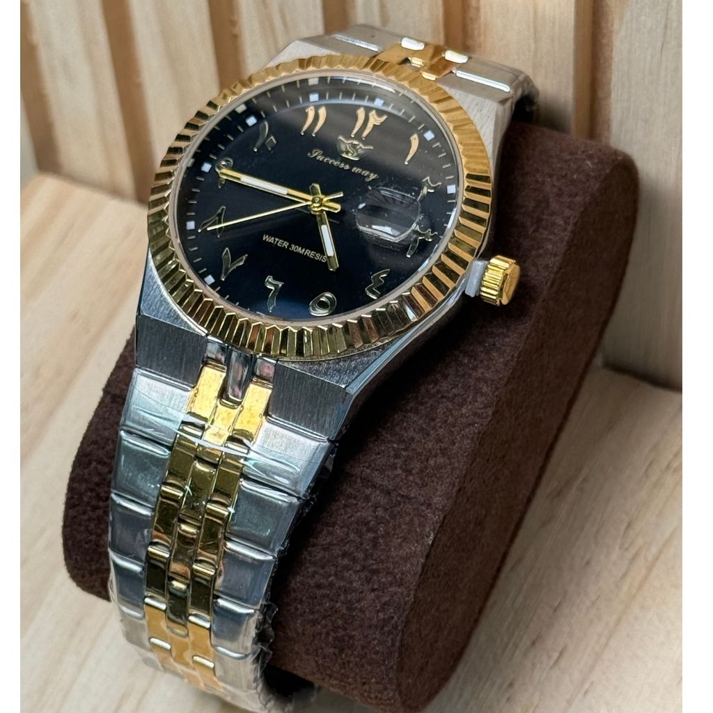 Montre Homme Success Way Bicolore Quartz - Cadran Noir Arabe & Bracelet Acier Inoxydable
