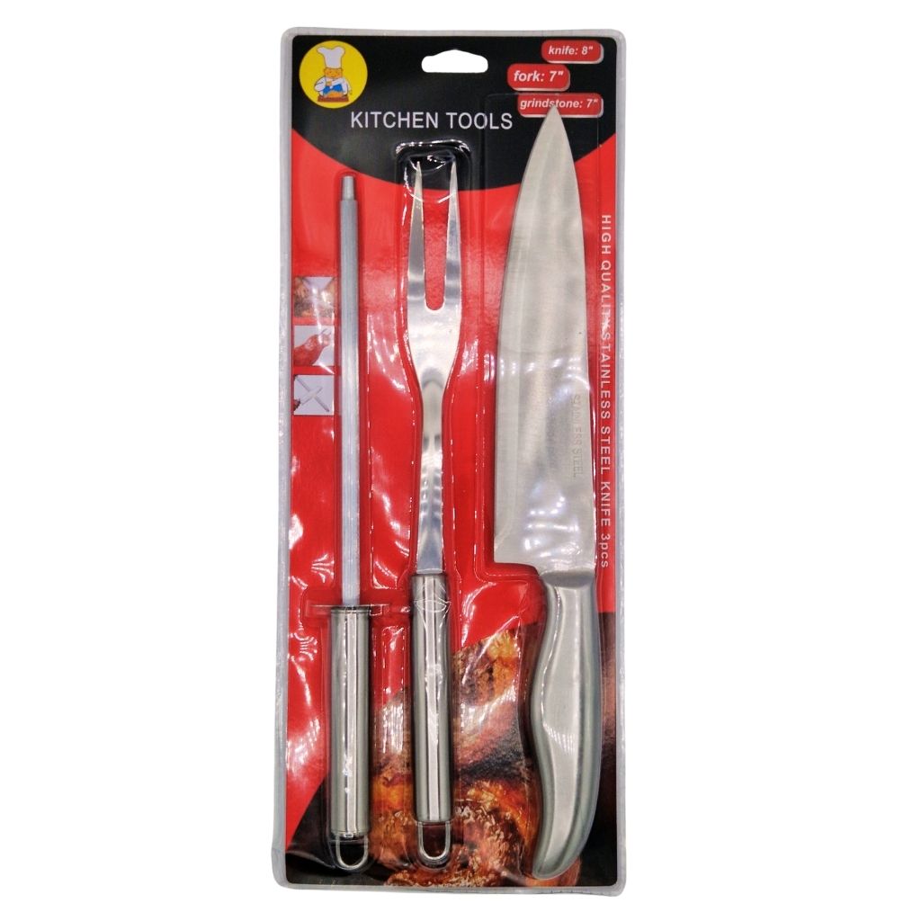 Kit Professionnel Barbecue 3 Pièces – Couteau Chef, Fourchette et Aiguiseur en Acier Inoxydable