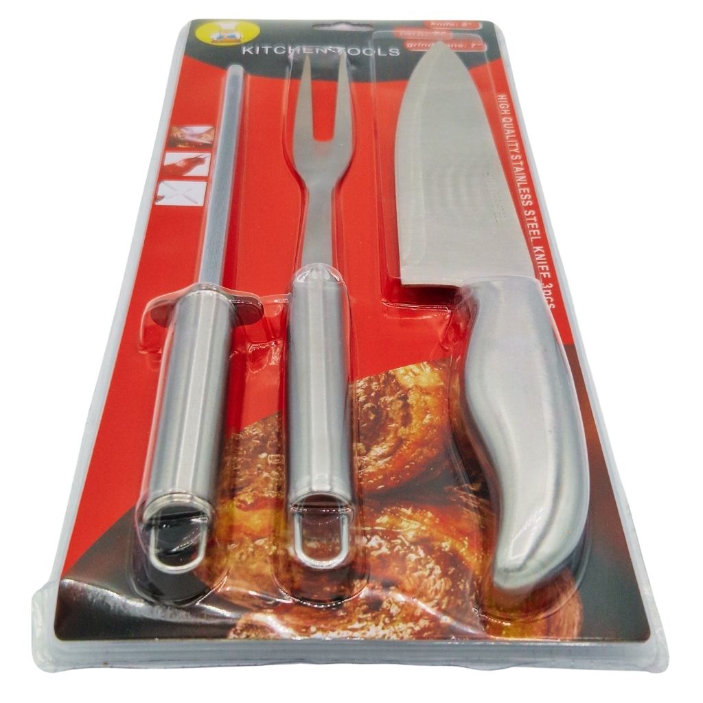 Kit Professionnel Barbecue 3 Pièces – Couteau Chef, Fourchette et Aiguiseur en Acier Inoxydable