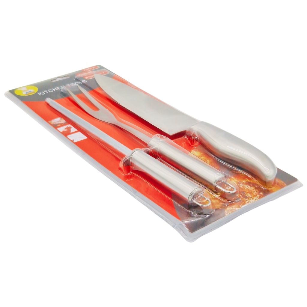 Kit Professionnel Barbecue 3 Pièces – Couteau Chef, Fourchette et Aiguiseur en Acier Inoxydable