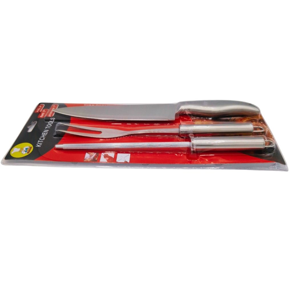 Kit Professionnel Barbecue 3 Pièces – Couteau Chef, Fourchette et Aiguiseur en Acier Inoxydable