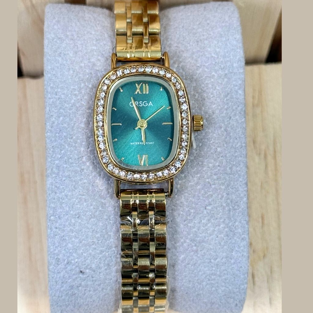 Montre Femme 856 Cadran Ovale Vert - Bracelet Acier Élégant