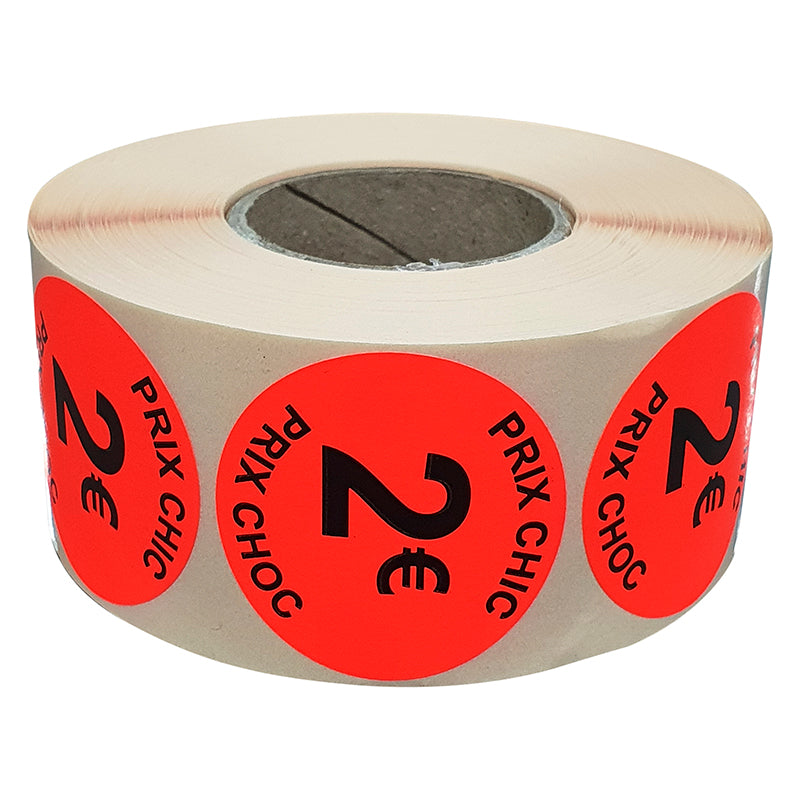 Stickers promotionnel adhésif | 2€ | Autocollant soldes | Rouleau de 1000 étiquettes