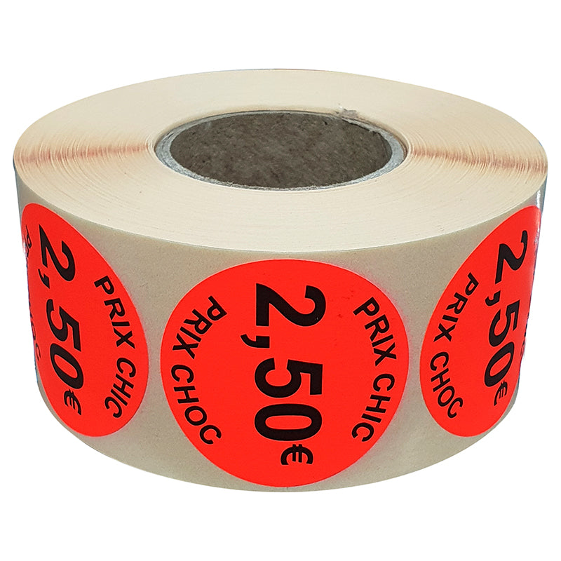 Stickers promotionnel adhésif | 2.50€ | Autocollant soldes | Rouleau de 1000 étiquettes