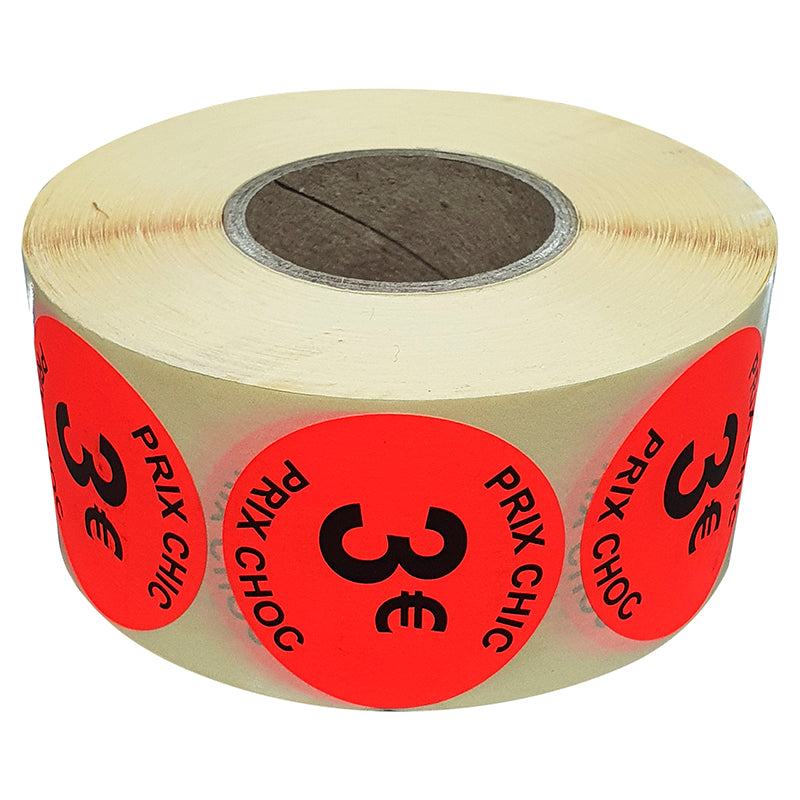 Stickers promotionnel adhésif | 3€ | Autocollant soldes | Rouleau de 1000 étiquettes