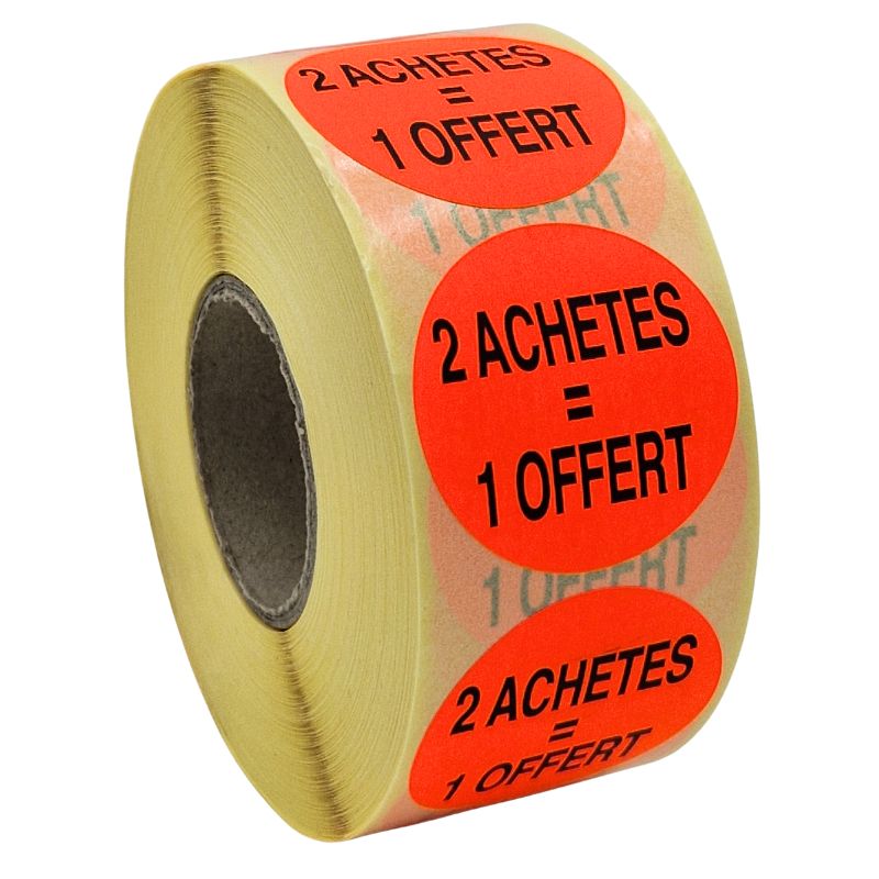 Stickers promotionnel adhésif | 2 achetés 1 offert | Autocollant soldes | Rouleau de 1000 étiquettes