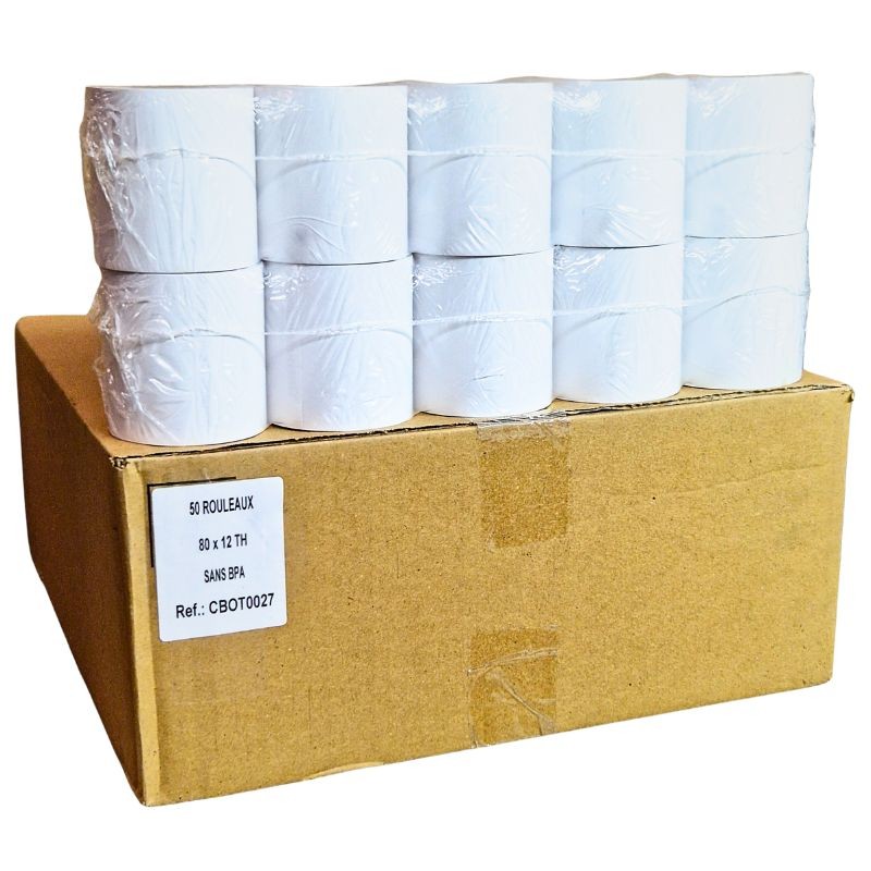 50 Rouleaux thermiques 80mm x 80m x 12mm – Bobine papier thermique pour caisse - Ticket de caisse 80x80x12 - Sans BPA