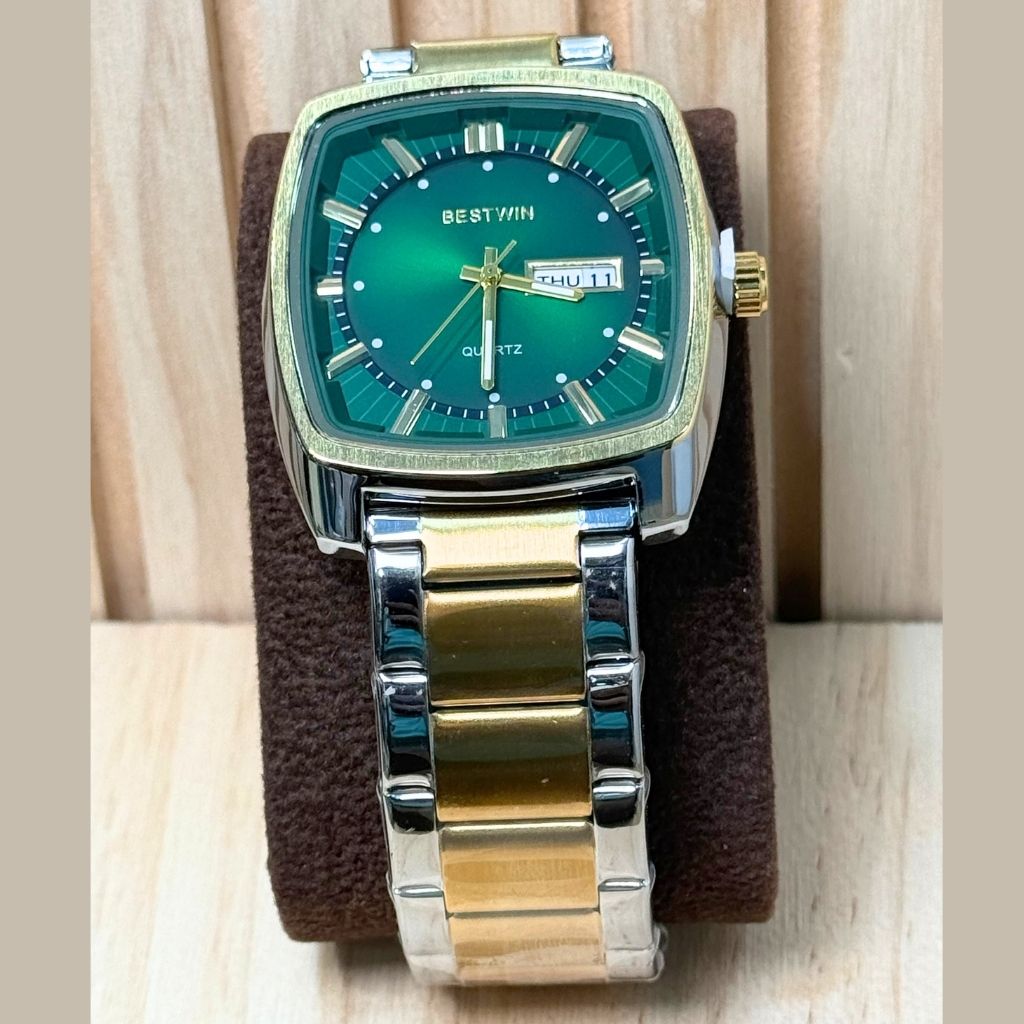 BESTWIN Montre Homme Quartz Analogique – Cadran Vert Carré & Bracelet Bicolore