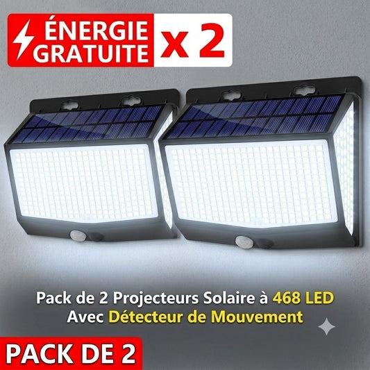 Lot de 2 Appliques Murales Solaires 468 LED avec Détecteur de Mouvement – 3 Modes & Étanchéité IP65