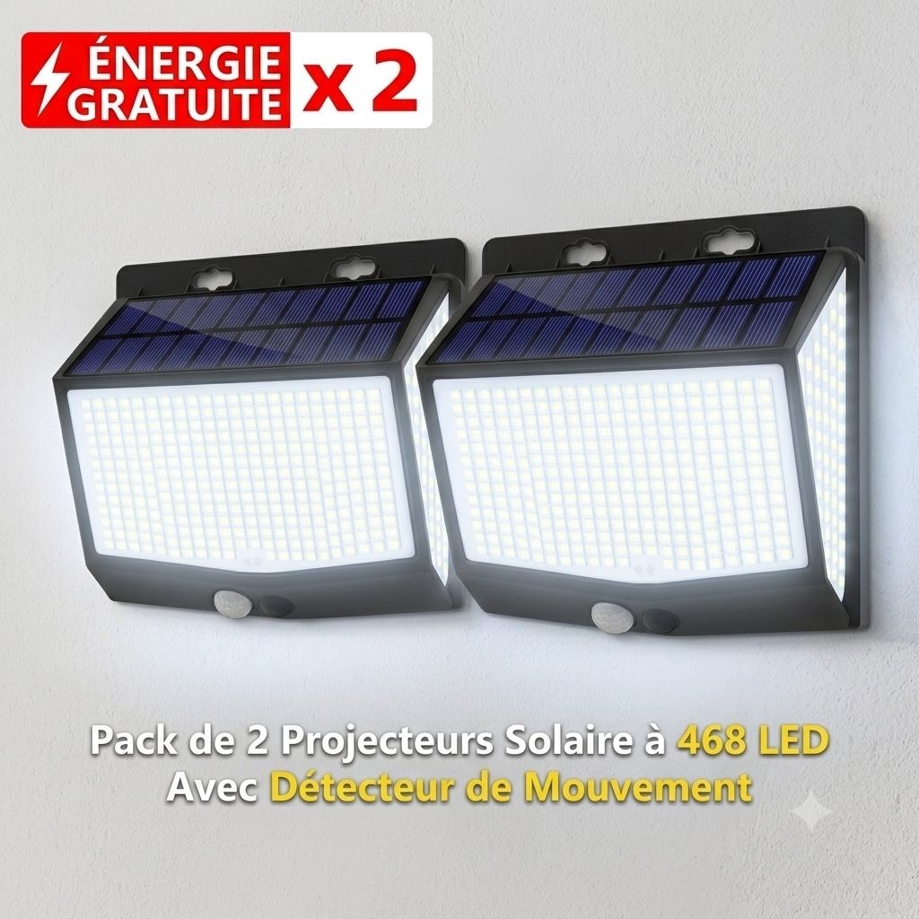 Lot de 2 Appliques Murales Solaires 468 LED avec Détecteur de Mouvement – 3 Modes & Étanchéité IP65