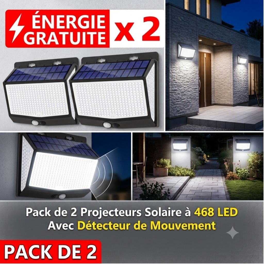 Lot de 2 Appliques Murales Solaires 468 LED avec Détecteur de Mouvement – 3 Modes & Étanchéité IP65
