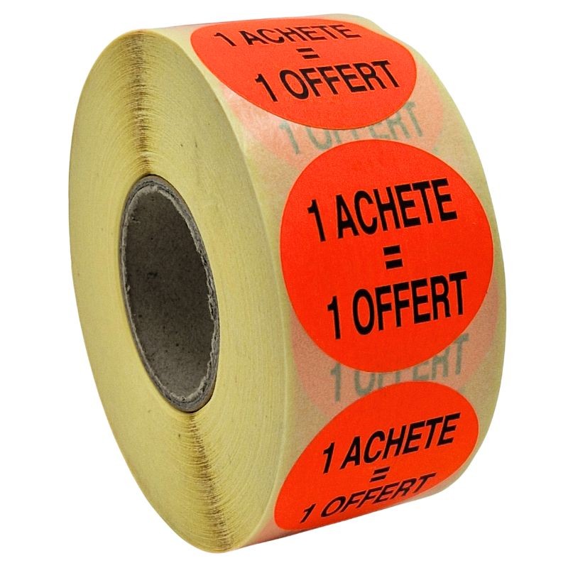Stickers Promotionnels Adhésifs | 1 Acheté 1 Offert | Autocollant Soldes | Rouleau de 1000 Étiquettes | Diamètre 40mm