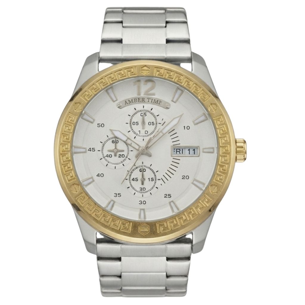 Montre Homme AMBER TIME AT-8205G Chronographe Quartz - Lunette Motif Grec & Double Calendrier