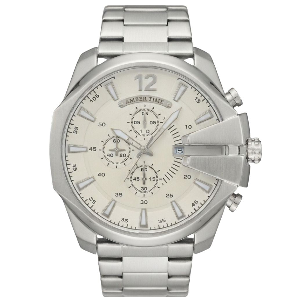 Montre Homme AMBER TIME White Mega Chief Chronographe Quartz - Boîtier Imposant & Bracelet Acier