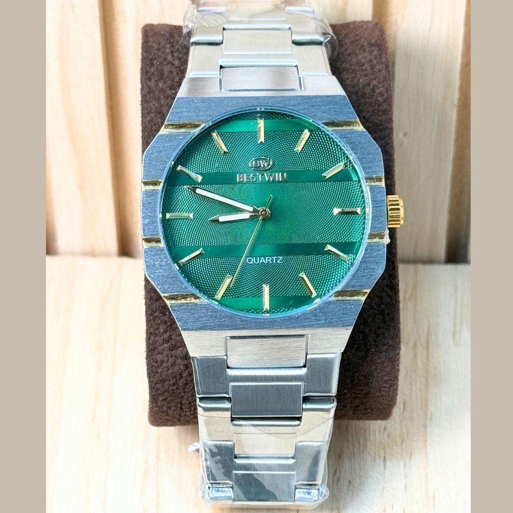 Montre Bestwin Argent Vert Quartz - Bracelet Acier Inoxydable avec Cadran Texturé Vert