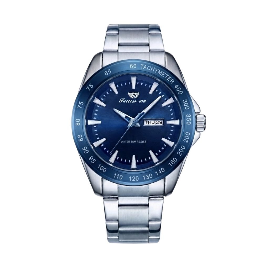 Montre Homme Success Way Tachymètre Sport - Bracelet Acier Argent & Cadran Bleu