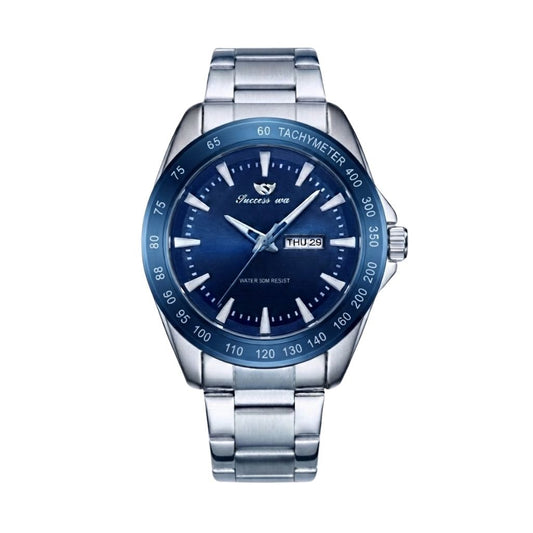 Montre Homme Success Way Tachymètre Sport - Bracelet Acier Argent & Cadran Bleu