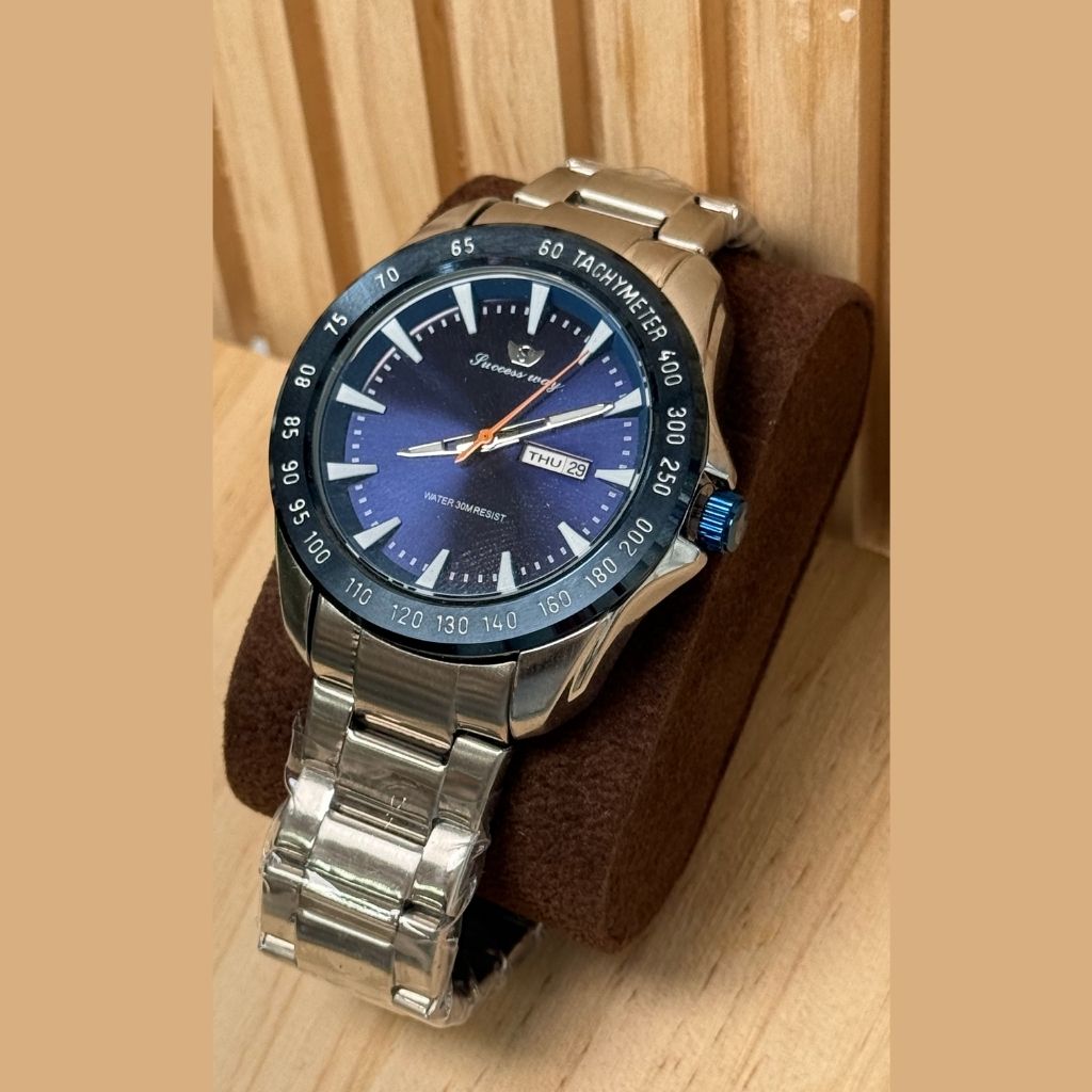 Montre Homme Success Way Tachymètre Sport - Bracelet Acier Argent & Cadran Bleu