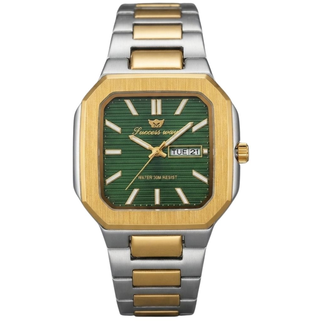 Montre Homme Success Way - Bracelet Acier Inoxydable Bicolore & Cadran Vert