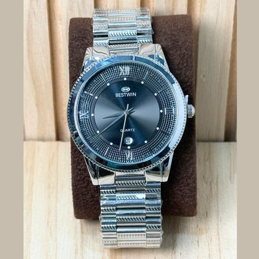 Montre Bestwin Quartz Homme - Cadran Texturé Noir & Bracelet Argenté