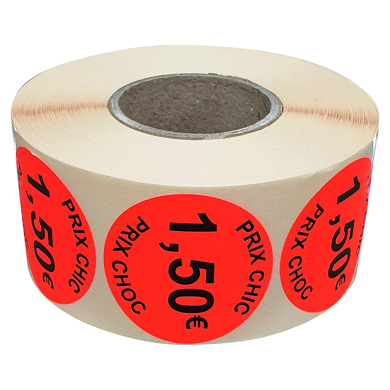 Stickers promotionnel adhésif | 1.50€ | Autocollant soldes | Rouleau de 1000 étiquettes