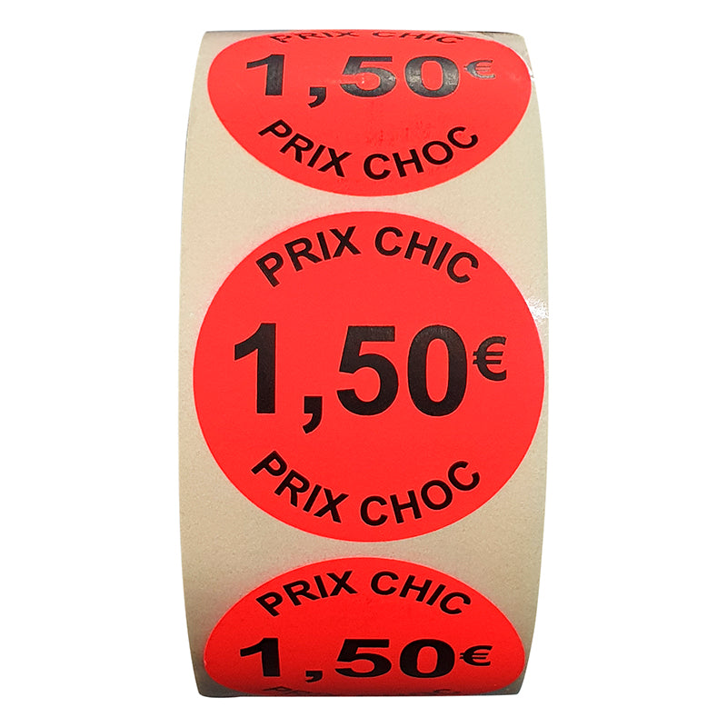 Stickers promotionnel adhésif | 1.50€ | Autocollant soldes | Rouleau de 1000 étiquettes